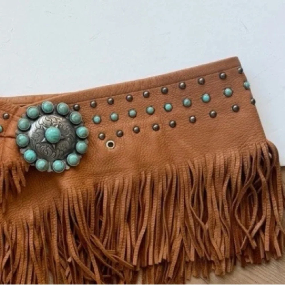 Tan Fringe Leather Waist Belt with Turquoise Accent